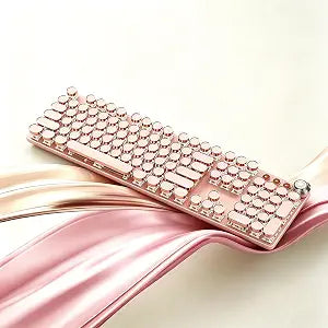 Pink 104 Keys Retro Typewriter Keyboard, Wired USB Keyboard with Round Keycaps & LED Backlit, Aesthetic Keyboard for Office Home Gaming, Compatible with PC Laptop Mac Windows