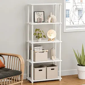 Furinno Turn-N-Tube Toolless Assembly 5-Tier Storage Shelves, Book Shelf, Open Storage Bookshelf, for Organization and Storage, Living Room, Home Office, Bedroom, Plain White