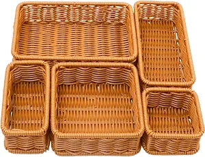Drawer Organizers- Plastic Rattan Storage Trays for Bedroom, Bathroom, Kitchen, Office, Handwoven organizer, Waterproof and Easy Clean, 1 Set, Caramel Color