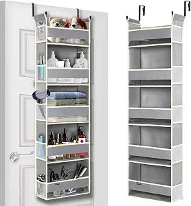 Over The Door Organizer 5-Shelves and 10 Side Pockets, Over The Door Storage for Bathroom Bedroom Nursery, Hanging Door Organizer for Baby Diapers and Kids Toys (13"x5"x44", Grey)