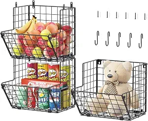 X-cosrack Metal Wire Basket Wall Mount, 3 Tier Wall Storage Organizer with 5 S Hooks, Kitchen Fruits and Vegetables Bin Toys Organizer Hanging Basket Black (S (10.83" L x 10.63" W x 30" H))