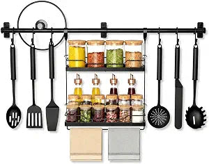 NADAMOO Spice Rack Wall Mount, 2-Tier Kitchen Storage Shelf with Hooks