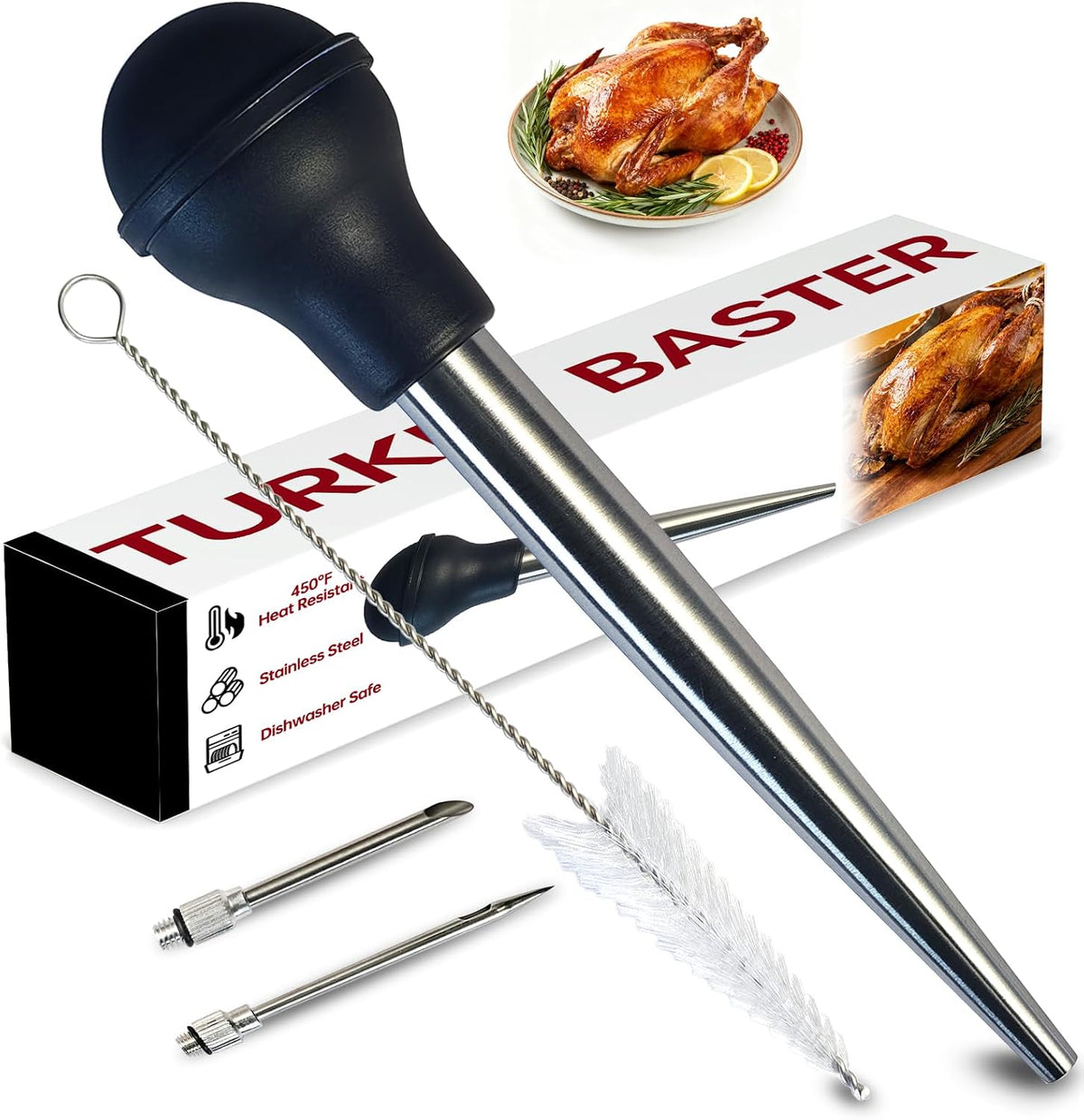 Stainless Steel Turkey Baster for Cooking, Food Grade Large Baster with Heat-Resistant Silicone Bulb, 2-in-1 Basters & Injector (2 Detachable Needles), Strong Suction, Easy to Clean