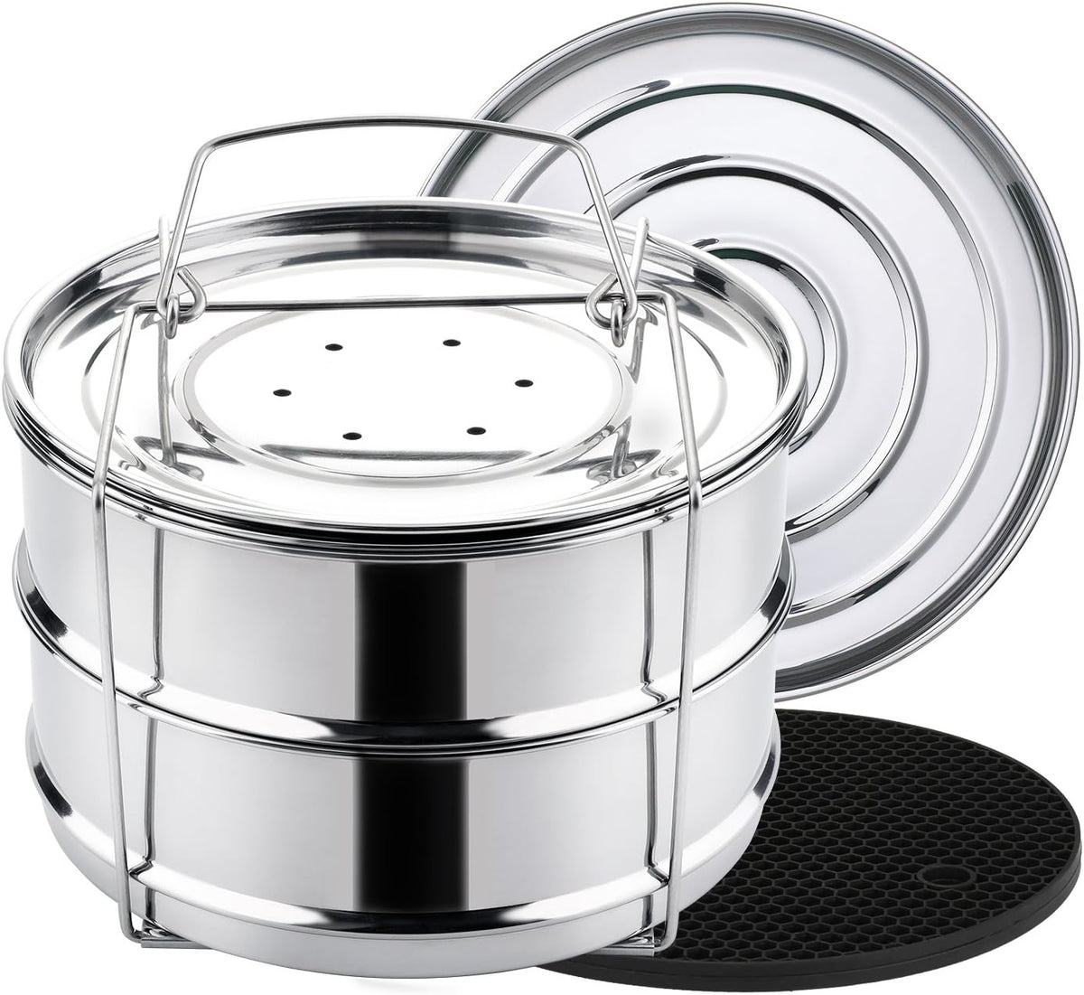 Aozita Stackable Steamer Insert Pans with Sling for Instant Pot Accessories 6/8 qt - Pot in Pot, Baking, Casseroles, Lasagna Pans, Food Steamer for Pressure Cooker, Upgrade Interchangeable Lids