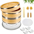 Bamboo Steamer Basket 10 Inch 2 Tier Set for Cooking | Dumpling Steamer Basket for Dim Sum, Bao Buns, Momos, Rice & Vegetables | Natural Bamboo Steamers with Liners & Accessories