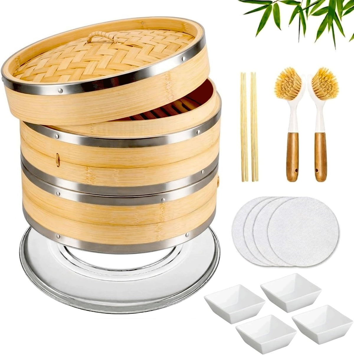 Bamboo Steamer Basket 10 Inch 2 Tier Set for Cooking | Dumpling Steamer Basket for Dim Sum, Bao Buns, Momos, Rice & Vegetables | Natural Bamboo Steamers with Liners & Accessories