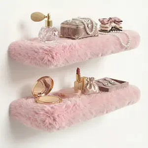 Furry Floating Shelves for Wall,2 Pack Wood Shelf with Plush Soft Shag Cover, Wall Mounted Shelves for Bedroom, Living Room, Suitable for Storing Valuable Collectibles, High Heels, Bags, Jewelry, Pink