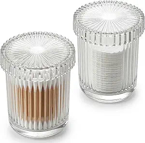 rejomiik 2 Pack Thick Glass Qtip Holder Apothecary Jars with Lids, Clear