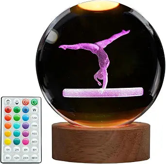 Gymnastics Night Light, Gymnastics Gifts for Girl, 3D (3.15 in) K9 Crystal Ball Night Light with Remote 16 RGB Color, Timer for Birthday Xmas Cool Room Decor for Boys Girls