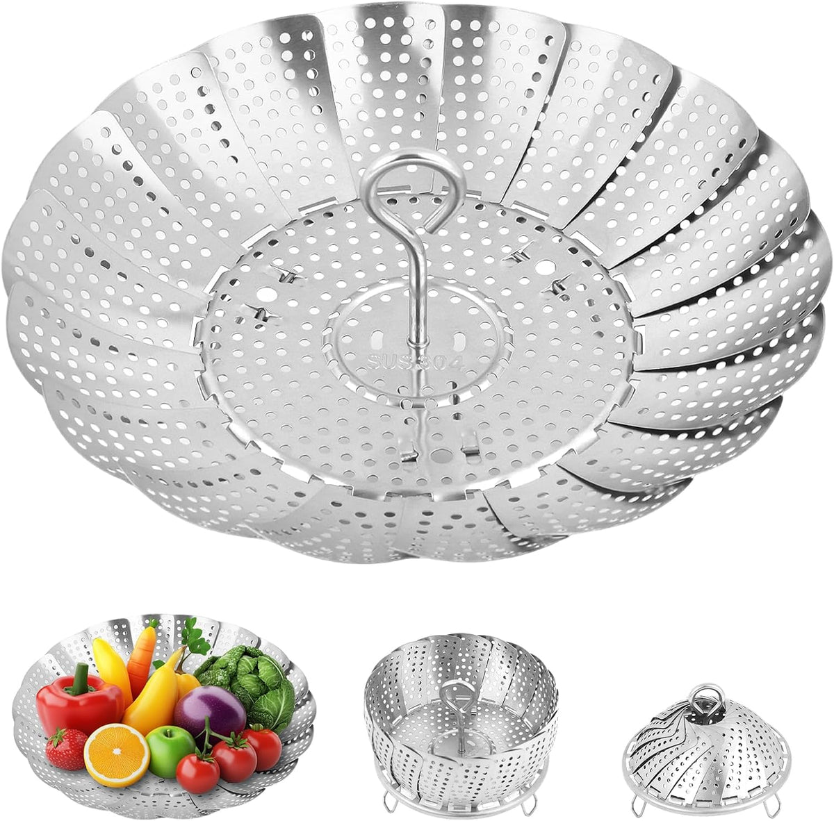Steamer Basket for Cooking - Premium 304 Stainless Steel Steamer Basket, 3rd Gen Folding Expandable Steamers, Suitable for Cookware Pot, Fit for Fish Vegetables Pasta Eggs (Small (5.5 to 9.05''))