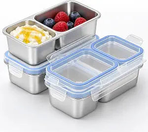 3 Pack Stainless Steel Snack Containers, 2 Compartment Metal Snack Box