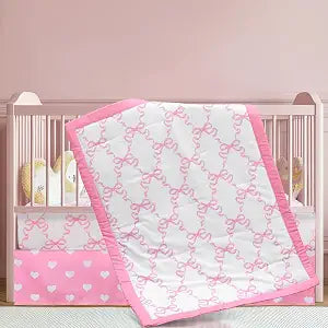 Hahafelt 3 Pcs Baby Girls Crib Bedding Set Pink Bow Baby Bedding Set