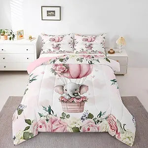 Cartoon Elephant Kids Comforter Set Twin Size,Hot Air Balloon Rose Flowers Princess Romantic Bedding Set,Girls Women Room Decor,Forest Animal Leaves Down Comforter,Pink Duvet Insert,1 Pillowcase