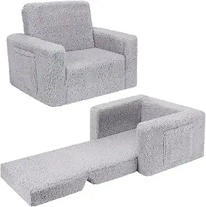 SLIGUY Toddler Couch & Chair - Convertible Sofa to Lounger, Pull Out Couch with Sherpa Cover in Dark Grey