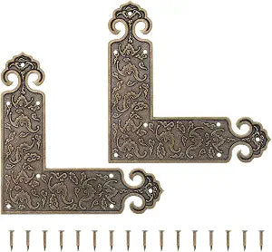 Brass Corner Protectors Decorative Corner Protectors Retro Embossed L Shape Furniture Guards for Cabinets Tables Jewelry Boxes 2 pcs with 16 Screws