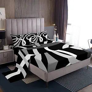Feelyou Retro Circle Swirls Bed Sheets Set Black Gray Geometric Sheet Set Circle Stripes Geometric Sheets with Deep Pocket Fitted Sheet Abstract Art Bedding Set Full Size with 2 Pillow Case