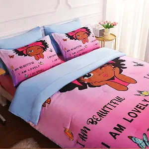 7 Piece Black Girls Magic Comforter Sets Full Size African American Girl Bedding Set Bed in A Bag for Girls Kids Teens Inspirational Quotes Pink Blue Quilts Room Decor