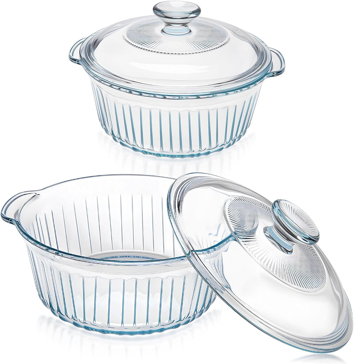 Glass Baking Dishes for Oven, 2 Pack Baking Dish with Lid, Round Casserole Dishes for Oven with Lids, Clear Glass Casserole Dish with Lid Oven Safe for Baking, Cooking, Storage, 1.7Qt and 2.5Qt