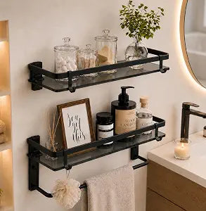 VOLPONE Glass Shelf for Bathroom 15.7 in Black Bathroom Shelves Wall Mounted Tempered Glass Shelving with 4 Removable Hooks (2 Tier)