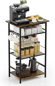 Aduanbang 3-Tier Coffee Bar Stand with Storage, Farmhouse Kitchen Cabinet, Brown (Brown)