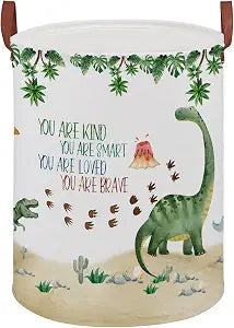Dinosaur Nursery Decor Kids Laundry Basket Large Kid Storage Chest Trunk Woodland Stone Volcano Book Shelf Basket Collapsible Clothes Toy Bin for Baby Rectangle Hamper,45L(Green Dinosaur)