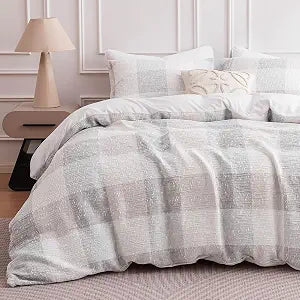 SLEEP ZONE Duvet Cover Set Queen, Modern Grid Jacquard Bedding Set, Gray