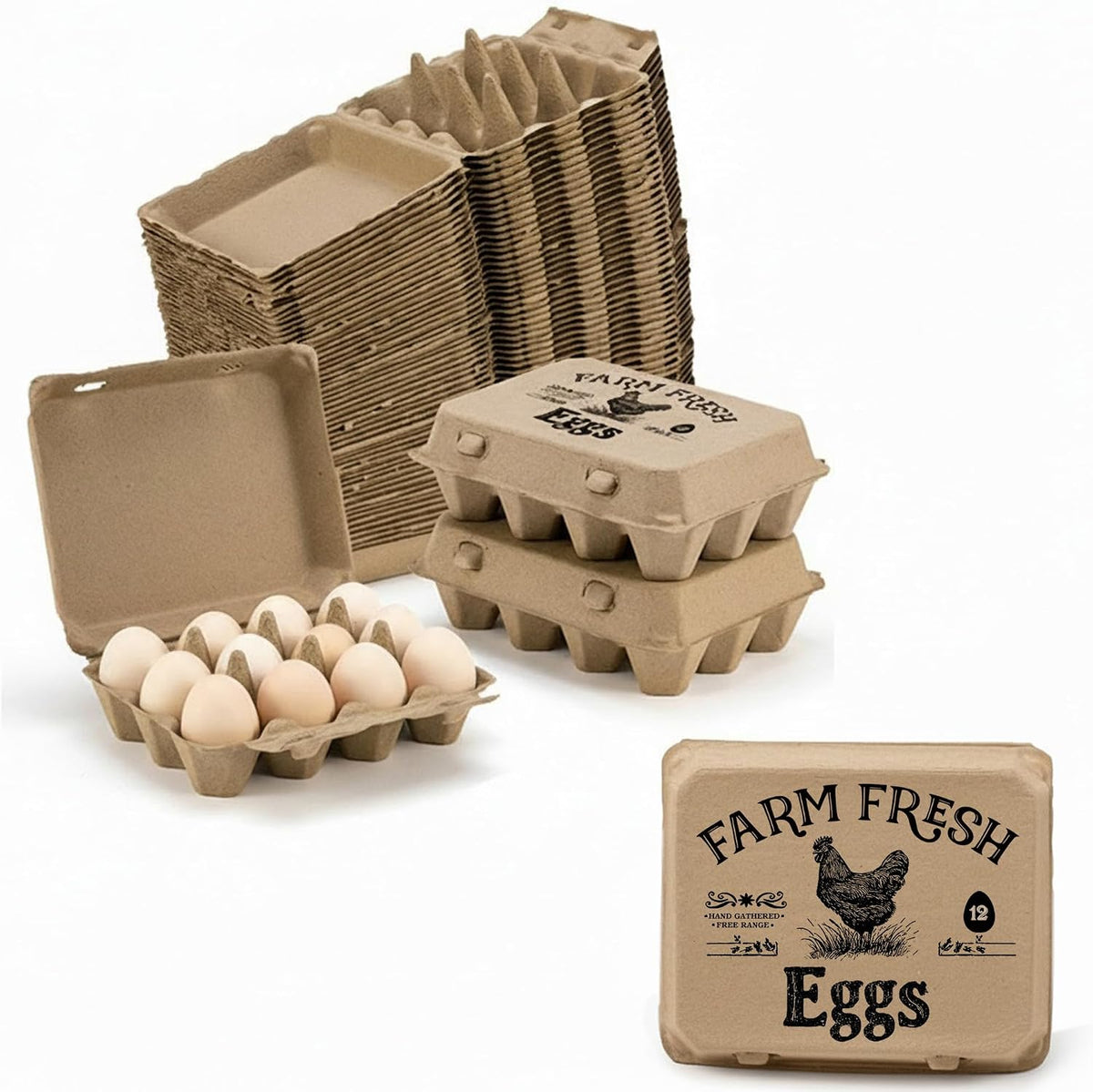 50 Pack Egg Cartons, 3x4 Style Paper Pulp Egg Trays with Printed Design, Sturdy & Reusable Egg Holder 12 Count Dozen Chicken Egg Storage Tray for Farmers, Home Use & Transport