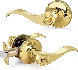 Gold Wave Style Door Handles with Lock and Key (Keyed Differently), Polished Gold Keyed Entry Door Handle, Reversible Door Lever for Bedroom Bathroom, Polished Brass,1 Pack