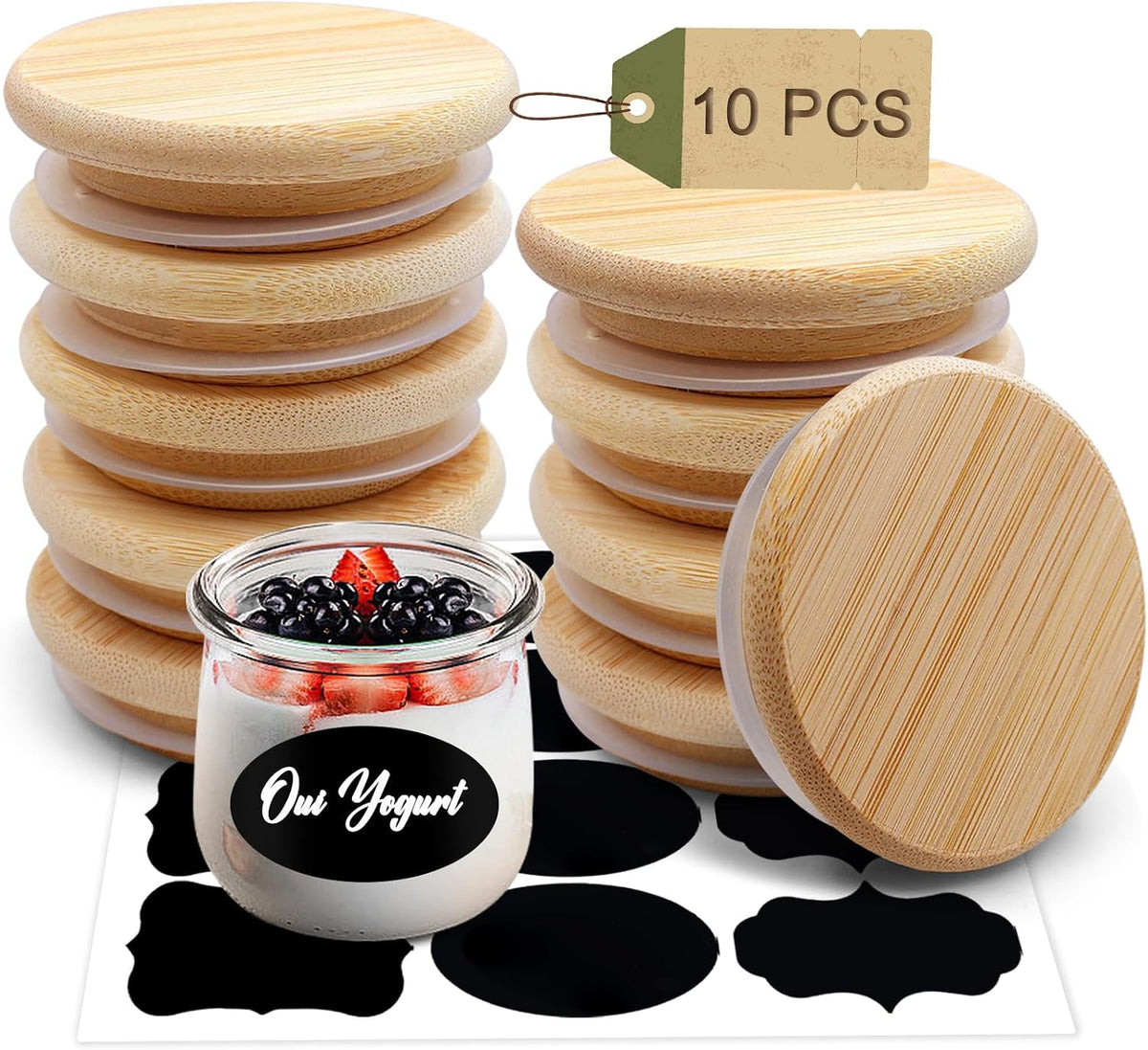 Oui Yogurt Jar Lids, Cymuber Leak Proof Wooden Lids Set with Silicone Sealing Rings, Reusable Natural Bamboo Canning Lids Covers with Bottle Label for 5 Oz Oui Yogurt Jars Storage (10 Pack)
