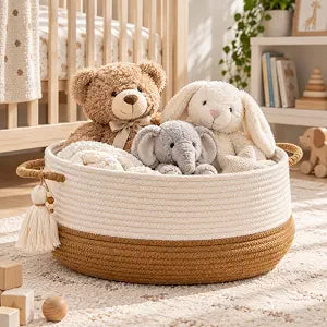 KAKAMAY Woven Baskets for Storage(16"x8"),Blanket Basket for Organizing Living Room,Cotton Rope Basket Woven Baby Laundry Hamper,Collapsible Laundry Room Organization,Clothes,Toy Chest(Brown)