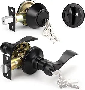 Knobonly 1 Pack Keyed Alike Front Door Handle with Single Cylinder Deadbolt, Matte Black Exterior Door Lock Set, Zinc Alloy