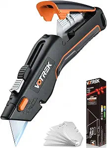 Box Cutter Utility Knife, [2-in-1] Retractable Box Cutter, Safety Heavy Duty Sharp Razor Knife for Home & Warehouse Cardboard, Blade Storage, with Extra Razor & Hook Blades, 1 Pack-Black
