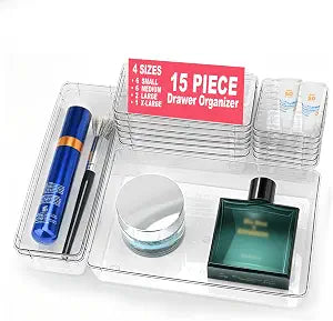 15 Pcs Clear Plastic Drawer Organizer, Makeup & Vanity Organizer