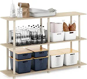 Furinno Turn-N-Tube No Tools 3-Tier Rectangle Side Display Rack, Bauhaus Oak/Beige Plastic Pole 2 x 2