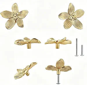 6 Pack 2.4 Inch Gold Flower Drawer Knobs, Gold Decorative Floral Cabinet Pulls, Vintage Creative Petal Handles for Dresser Drawer, Unique Bathroom Vanity Furniture Hardware (6 Flower)