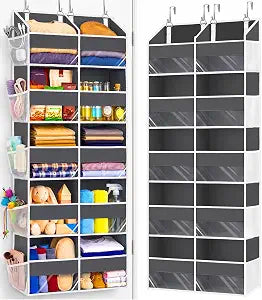 Heavy Duty Over The Door Organizer 5 Tiers, Extra Large Behind Door Storage of 10 Big Front & 10 Mesh Pockets, 80lb Weight Capacity, Hanging Doors Storage Organizer for Closet Bedroom Nursery, Grey