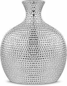 Torre & Tagus Helio 10" Silver Ceramic Vase, Dimpled Bottle Shape