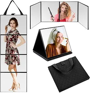 3 Way Foldable Full Length Mirror Portable Travel Makeup, Black