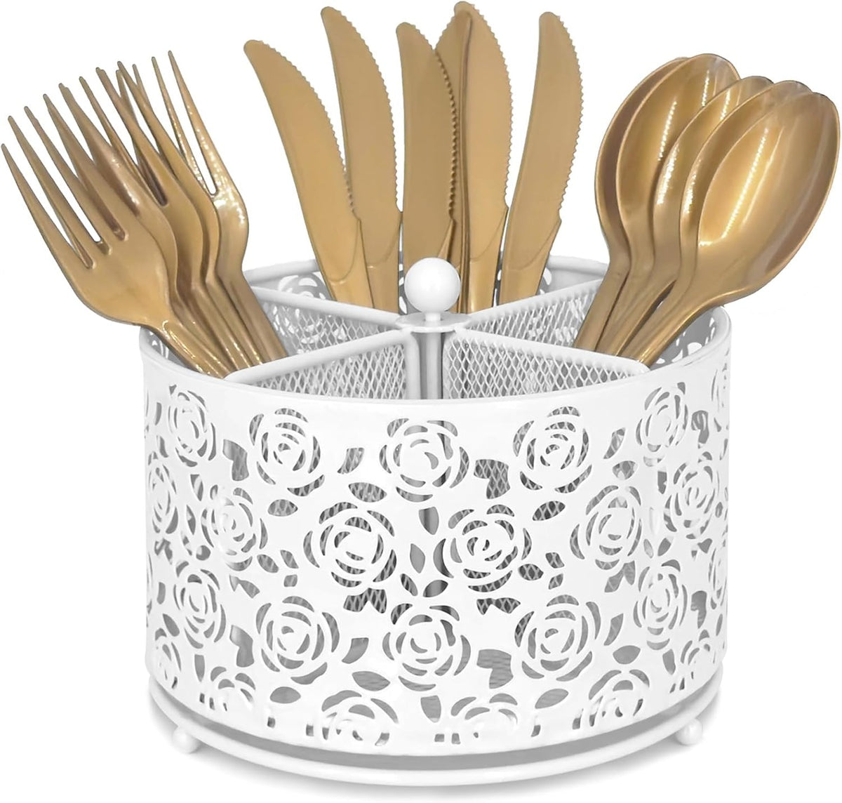 DysanVica Rotating Metal Silverware Caddy - Utensil Holder Countertop White