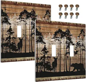 Decorative Light Switch Plate Covers Abstract Bear Deer Forest on Brown Wood Plank 2 Gang Wall Plate Double Toggle Switch Cover Plate Electric Dual Device Electrical Faceplate (2 Pack)