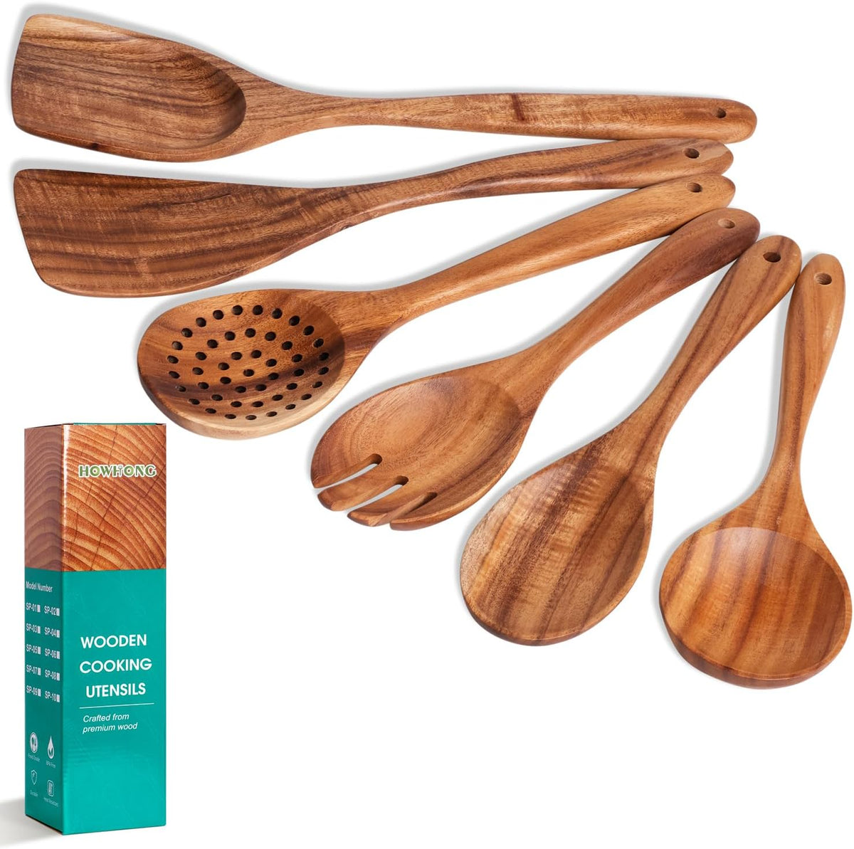 HOWHONG Teak Wooden Cooking Utensils Set - 6 Piece Wood Spoons for Cooking