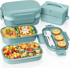 Adults Bento Lunch Box Set with Lunch Bag-3-Tier Stackable Leak-Proof Green