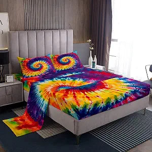 Tie Dye Bed Sheet Set, Boho Hippie Swirl Imitation Tie Dyed, Retro Home Decor Sheet Sets Deep Pocket,Top Flat Sheet, Twin Size with 1 Pillowcase, Multicolor