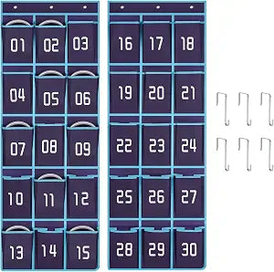 2 Pack Numbered Classroom Headphone Storage Organizer with 30 Pockets, Blue