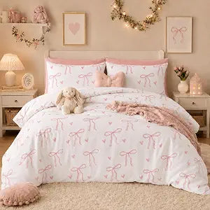 Bows Comforter Set Twin Size Pink White Heart, 2 Pieces Bow Bedding Set for Girls,Micrfiber Comforter Twin Bed for All Season, Comforter 68" x 90" and 1 Pillowcase