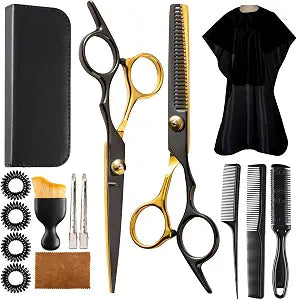 15 pcs Hair Cutting Scissors Professional, Thinning Shears for Hair Cutting, Black Gold Stainless Steel Barber Scissors, Lengnoyp Haircut Scissors Hair Cutting Kit for Women, Men