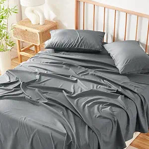 Hearth & Harbor 4 Piece California King Sheet Sets - 60% Microfiber, 40% Rayon Derived from Bamboo Sheets Set - Cal King Sheet Set Fits Up to 16" Deep Pocket - Gray