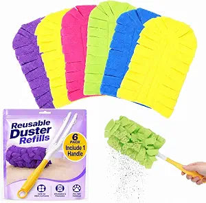 6 Pack Reusable Duster Refills Compatible with Swiffer, Washable Heavy Duty Duster Refills, Wet & Dry Dual Use 360 Cleaning Heads for Pet Hair, Blinds, Fans, Furniture, Car(Include 1 Handle)