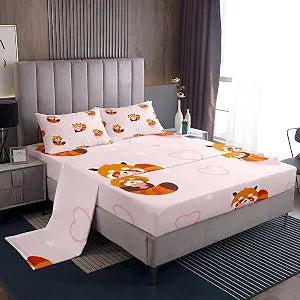 Castle Fairy Cute Red Panda Bedding Set Full Size for Kids Girls Bedroom,Pink Heart Animal Bed Sheet Set,Cartoon Brown Panda Fitted Sheet Kawaii Star Decor 4pcs Top Flat Sheet with 2 Pillowcases