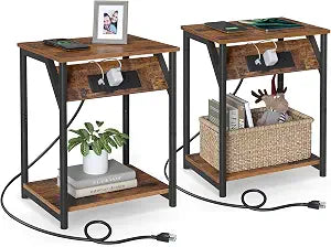 VASAGLE End Table with Charging Station, Set of 2, Small Side Tables